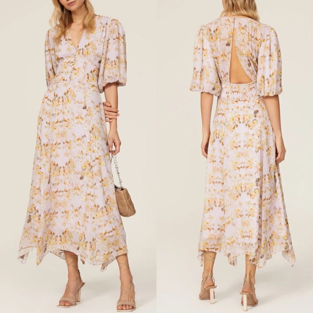 All Saints Floral Midi Dress  Wedding Guest Bridesmaid Cream and Gold